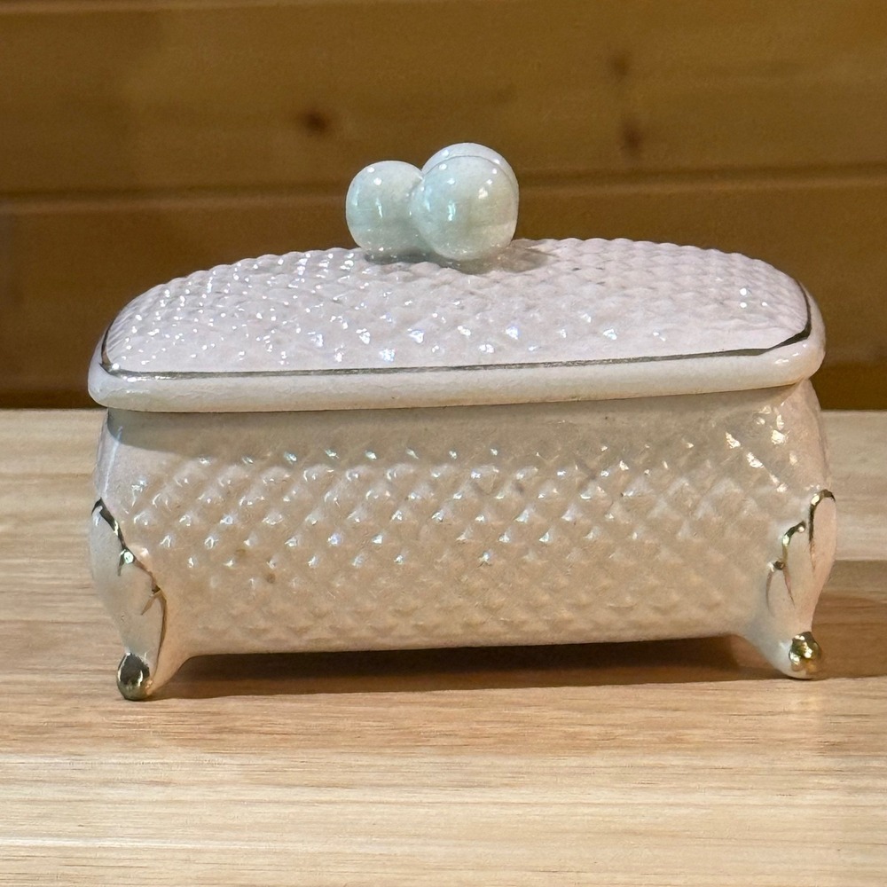 Vintage Iridescent Pink Quilted Ceramic Trinket Box Pearl Handle Gold Footed